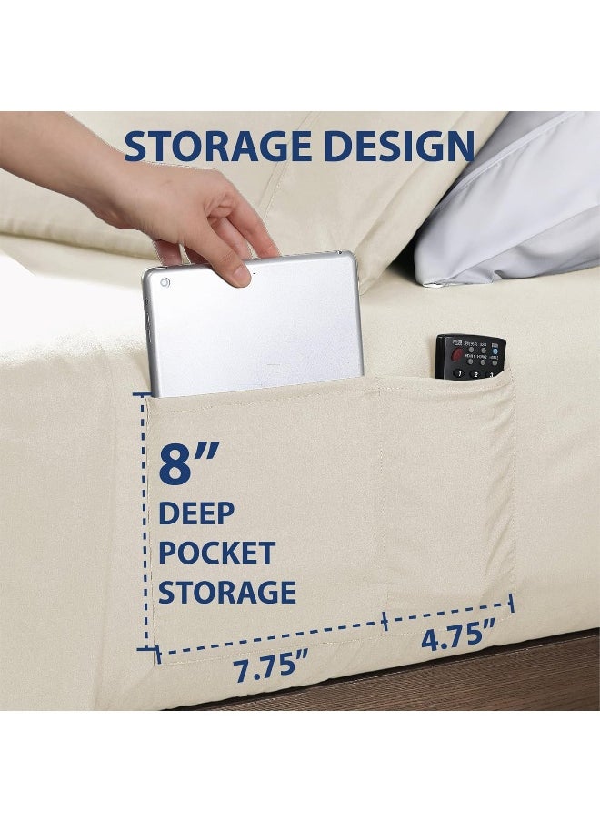 Swift Home Smart Sheets, Ultra Soft Brushed Microfiber 4-Piece Sheet Set, Fitted Bed Sheet with Side Storage Pockets – Coconut Milk, King