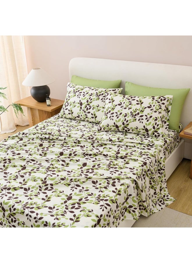 Spirit Linen home Queen Size Bed Sheets Set - 6PC Floral Ultra Soft Microfiber Bed Sheets - Easy to Clean, Sheets Queen Size with Fitted Sheet, Flat Sheet & Pillowcases (Beige/Green Leaves)