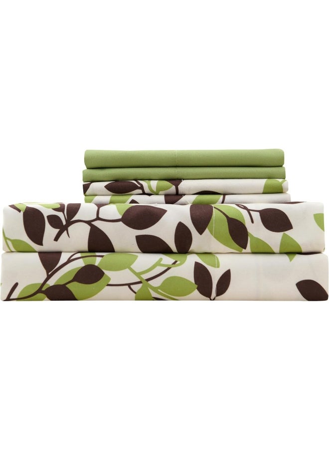 Spirit Linen home Queen Size Bed Sheets Set - 6PC Floral Ultra Soft Microfiber Bed Sheets - Easy to Clean, Sheets Queen Size with Fitted Sheet, Flat Sheet & Pillowcases (Beige/Green Leaves)
