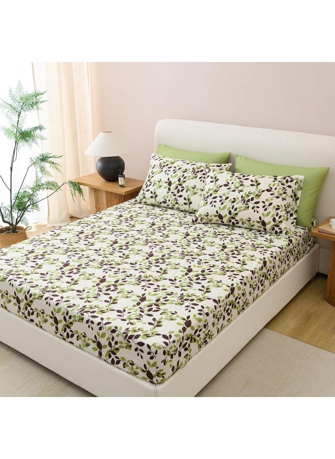 Spirit Linen home Queen Size Bed Sheets Set - 6PC Floral Ultra Soft Microfiber Bed Sheets - Easy to Clean, Sheets Queen Size with Fitted Sheet, Flat Sheet & Pillowcases (Beige/Green Leaves)