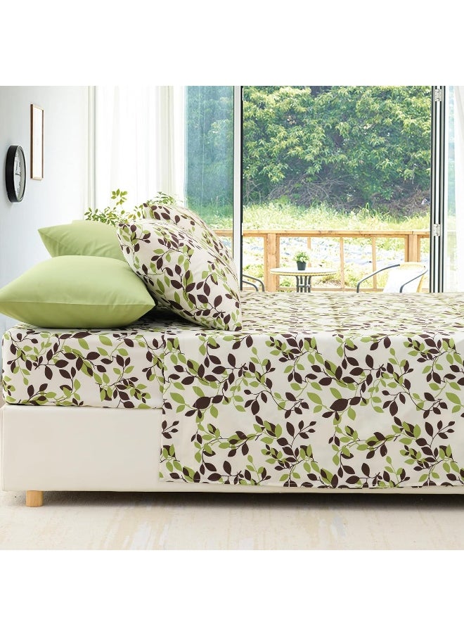 Spirit Linen home Queen Size Bed Sheets Set - 6PC Floral Ultra Soft Microfiber Bed Sheets - Easy to Clean, Sheets Queen Size with Fitted Sheet, Flat Sheet & Pillowcases (Beige/Green Leaves)