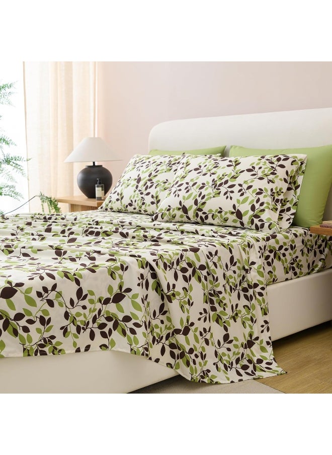 Spirit Linen home Queen Size Bed Sheets Set - 6PC Floral Ultra Soft Microfiber Bed Sheets - Easy to Clean, Sheets Queen Size with Fitted Sheet, Flat Sheet & Pillowcases (Beige/Green Leaves)