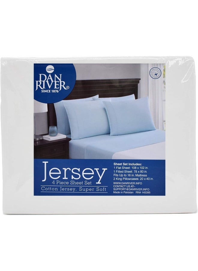DAN RIVER King Jersey Sheet Set|Luxury Heather 100% Cotton Bed Sheets|T-Shirt Sheets|All Season Bedding|Soft Comfortable Deep Pocket Jersey Cotton Bed Sheets (4Pc, King, White)