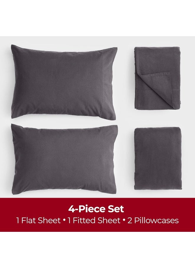 Mellanni Cotton Queen Size Flannel Bedsheet Set - Deep Pocket Fitted Sheet up to 16 inch - Warm and Breathable Flat Sheet, Easy Care - Luxury Heavy Weight Queen Sheet Set - 4 Piece Set (Queen, Gray)