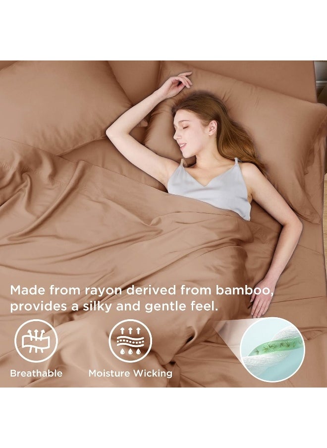 Bedsure Queen Sheet Set, Cooling Sheets for Queen Size Bed Set, Rayon Derived from Bamboo, Breathable & Soft Deep Pocket Up to 16 Inches, Hotel Luxury Silky Bedding, Bedsheet & Pillowcases, Taupe