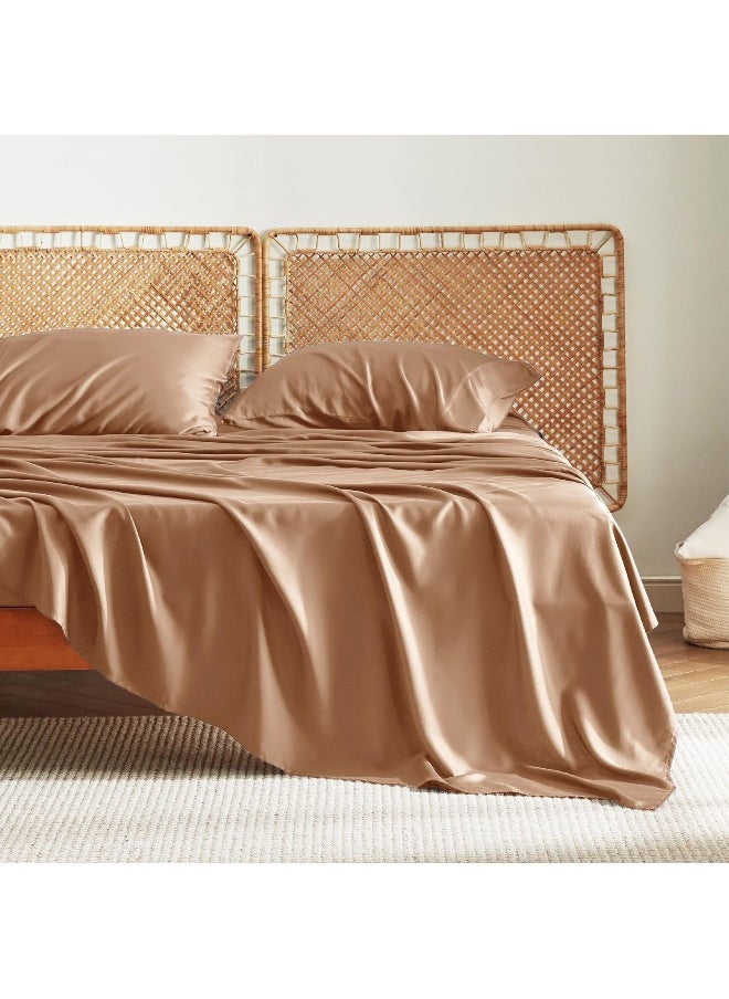 Bedsure Queen Sheet Set, Cooling Sheets for Queen Size Bed Set, Rayon Derived from Bamboo, Breathable & Soft Deep Pocket Up to 16 Inches, Hotel Luxury Silky Bedding, Bedsheet & Pillowcases, Taupe