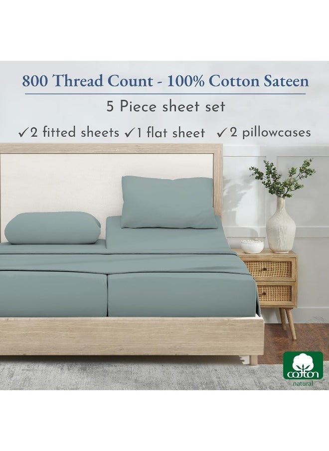 CALIFORNIA DESIGN DEN Authentic Soft Split King Sheets, 800 Sateen 100% Cotton, Cooling Than Egyptian Cotton Sheets, Split King Size Cotton Sheets Set 5 Pc Set with Deep Pockets No Pop-Off (Soft Teal)