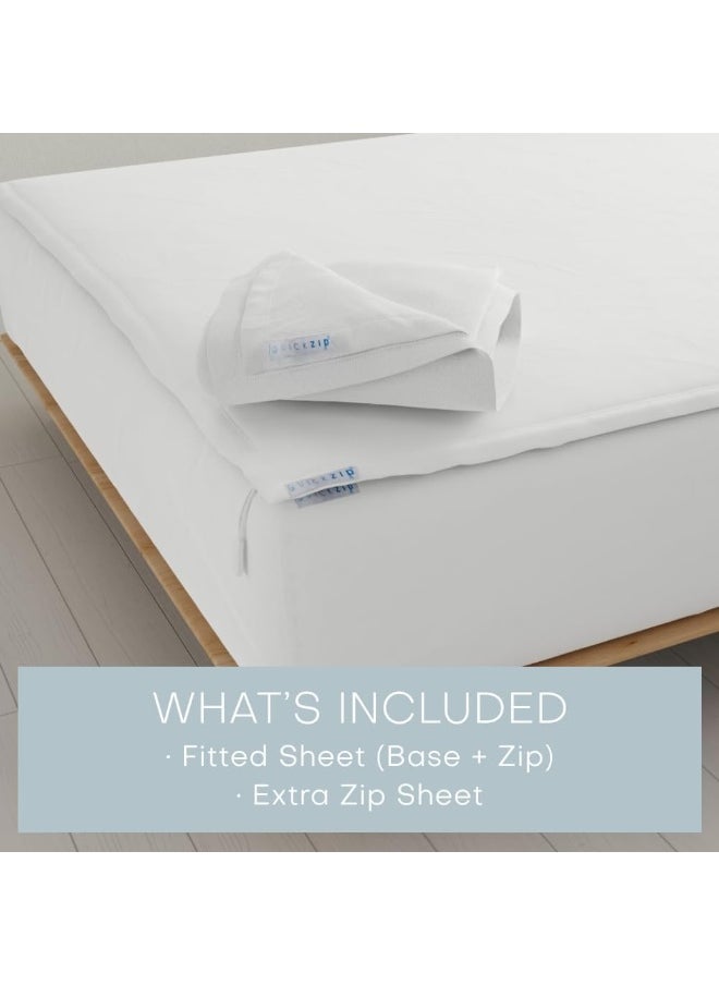 QuickZip Fitted Sheet - Includes 1 Fitted Sheet Base & 2 Zip-On Sheets - Easy to Change, Fold & Wash Queen Sheet - Soft Sateen 400 TC Cotton Fitted Sheets - 16” Deep Pockets Queen Size Sheets – White