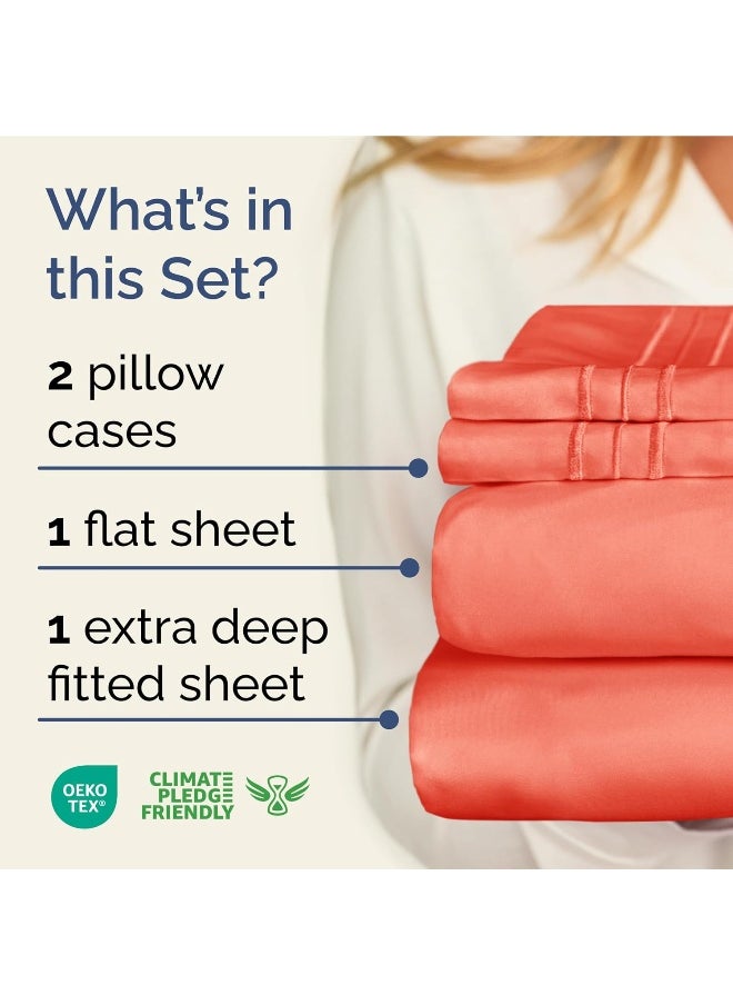 Extra Deep Twin XL Sheet Set - 4 Piece Breathable & Cooling Sheets - Hotel Luxury Bedding Set with 18-24 Inch Extra Deep Pockets - Easy Fit - Super Soft, Wrinkle Free and Comfy - Coral, Twin XL Size