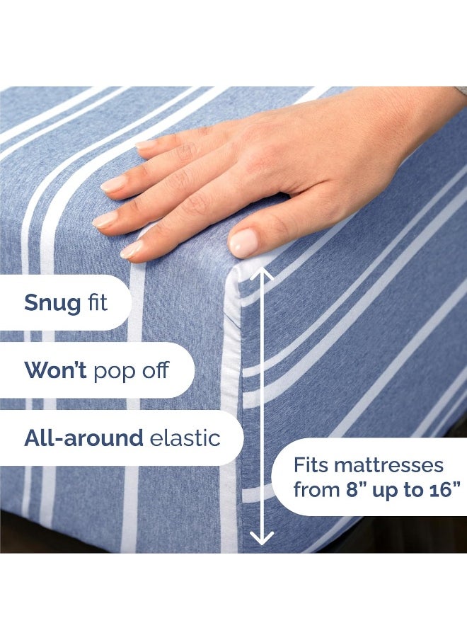 Queen Size 4 Piece Bedding Sheet Set - Breathable & Cooling Bed Sheets - Hotel Luxury Bed Sheets for Women, Men, Kids & Teens - Deep Pockets, Easy-fit - Soft & Wrinkle Free - Blue Stripes Oeko-Tex Set