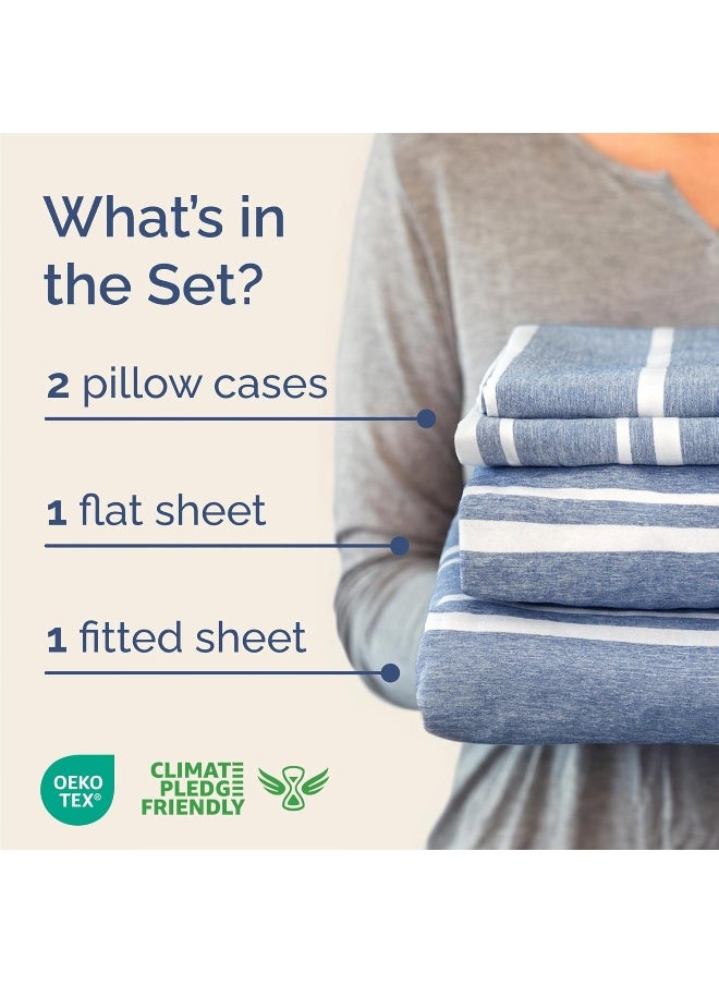 Queen Size 4 Piece Bedding Sheet Set - Breathable & Cooling Bed Sheets - Hotel Luxury Bed Sheets for Women, Men, Kids & Teens - Deep Pockets, Easy-fit - Soft & Wrinkle Free - Blue Stripes Oeko-Tex Set