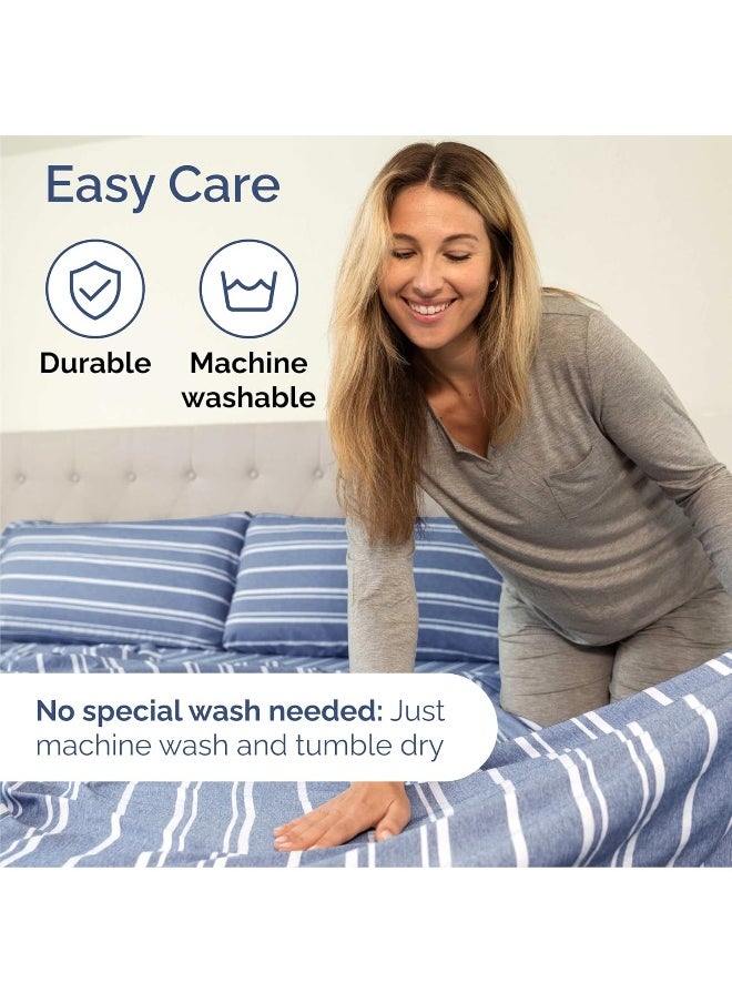 Queen Size 4 Piece Bedding Sheet Set - Breathable & Cooling Bed Sheets - Hotel Luxury Bed Sheets for Women, Men, Kids & Teens - Deep Pockets, Easy-fit - Soft & Wrinkle Free - Blue Stripes Oeko-Tex Set
