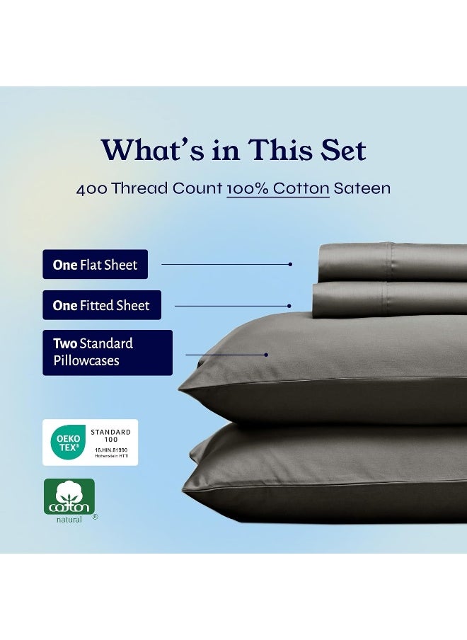 California Design Den Cotton 400 Thread Count Sateen Bedding, Deep Pocket Sheets, Cooling Sheets Set (Light Gray) 4 Pieces
