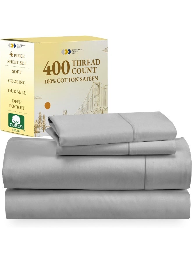 California Design Den Cotton 400 Thread Count Sateen Bedding, Deep Pocket Sheets, Cooling Sheets Set (Light Gray) 4 Pieces