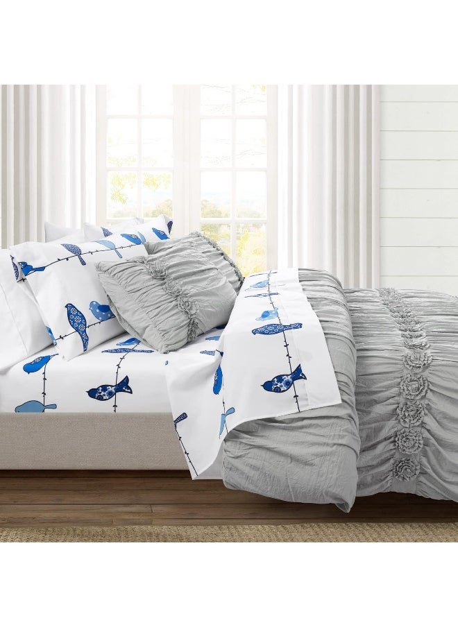 Lush Decor Rowley Birds Soft Sheet 6 Piece Set, Full, Navy