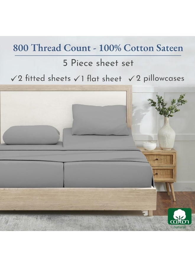 California Design Den Split King Sheets for Adjustable Bed, Buttery Soft 800 Thread Count, 100% Cotton Set Beats Fake Egyptian Claims, 5 Piece Set with 2 Twin XL Fitted Sheets (Light Gray)