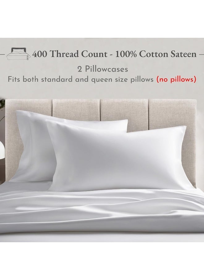 400 Thread Count 100% Cotton Pillow Cases, Bright White Standard Pillowcase Set of 2