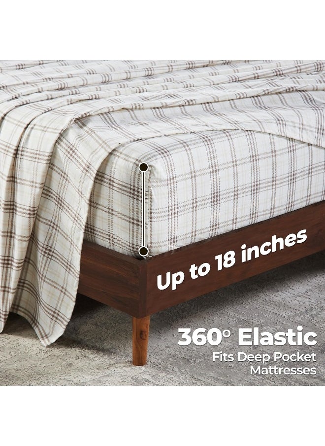 Superior Plaid Flannel Cotton Sheet Set, Fuzzy Warm Sheets, Rustic Classic Farmhouse Bedding, Basics, Includes 1 Flat Sheet, 1 Elastic Deep Pocket Fitted Sheet, 2 Pillowcases, Full, Beige