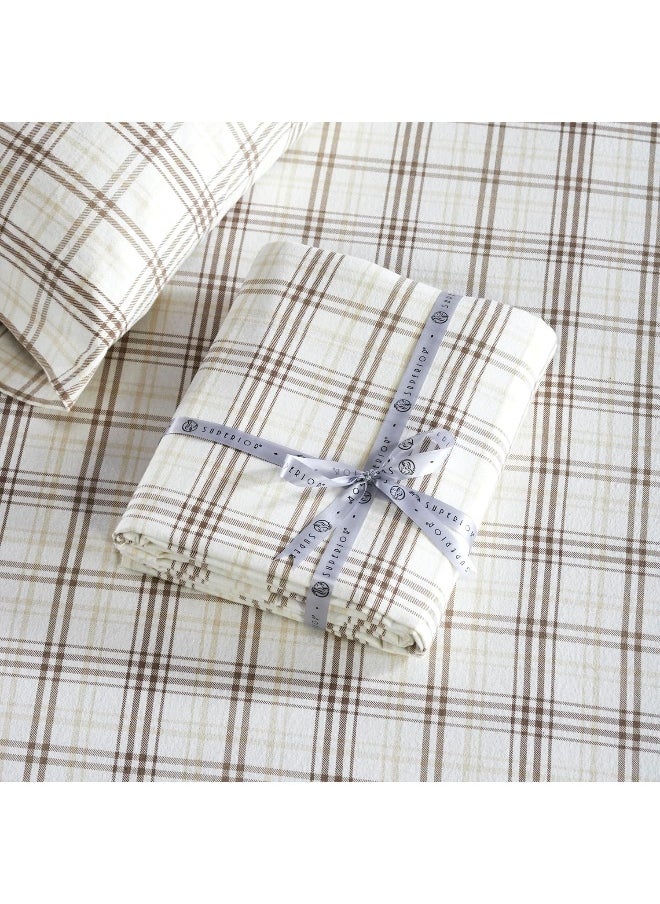 Superior Plaid Flannel Cotton Sheet Set, Fuzzy Warm Sheets, Rustic Classic Farmhouse Bedding, Basics, Includes 1 Flat Sheet, 1 Elastic Deep Pocket Fitted Sheet, 2 Pillowcases, Full, Beige
