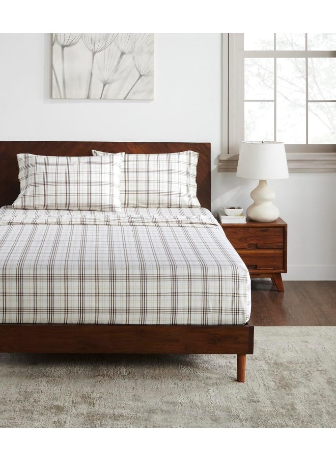 Superior Plaid Flannel Cotton Sheet Set, Fuzzy Warm Sheets, Rustic Classic Farmhouse Bedding, Basics, Includes 1 Flat Sheet, 1 Elastic Deep Pocket Fitted Sheet, 2 Pillowcases, Full, Beige