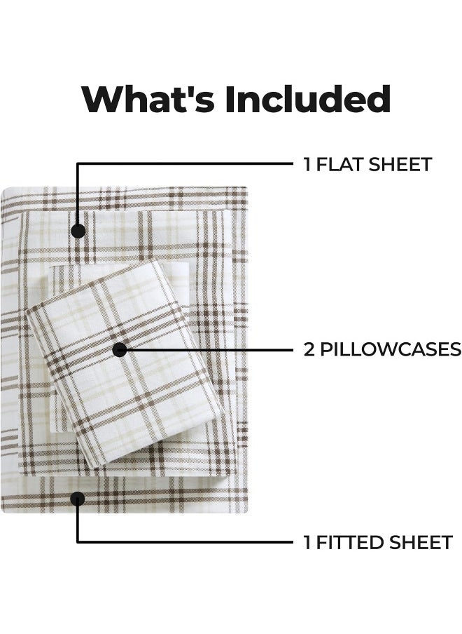 Superior Plaid Flannel Cotton Sheet Set, Fuzzy Warm Sheets, Rustic Classic Farmhouse Bedding, Basics, Includes 1 Flat Sheet, 1 Elastic Deep Pocket Fitted Sheet, 2 Pillowcases, Full, Beige