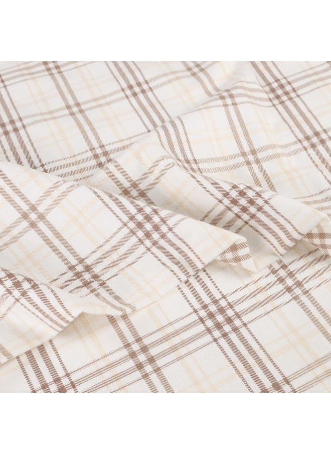 Superior Plaid Flannel Cotton Sheet Set, Fuzzy Warm Sheets, Rustic Classic Farmhouse Bedding, Basics, Includes 1 Flat Sheet, 1 Elastic Deep Pocket Fitted Sheet, 2 Pillowcases, Full, Beige