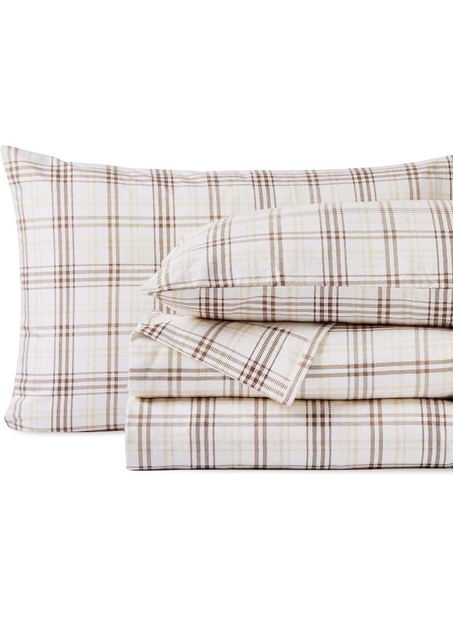 Superior Plaid Flannel Cotton Sheet Set, Fuzzy Warm Sheets, Rustic Classic Farmhouse Bedding, Basics, Includes 1 Flat Sheet, 1 Elastic Deep Pocket Fitted Sheet, 2 Pillowcases, Full, Beige