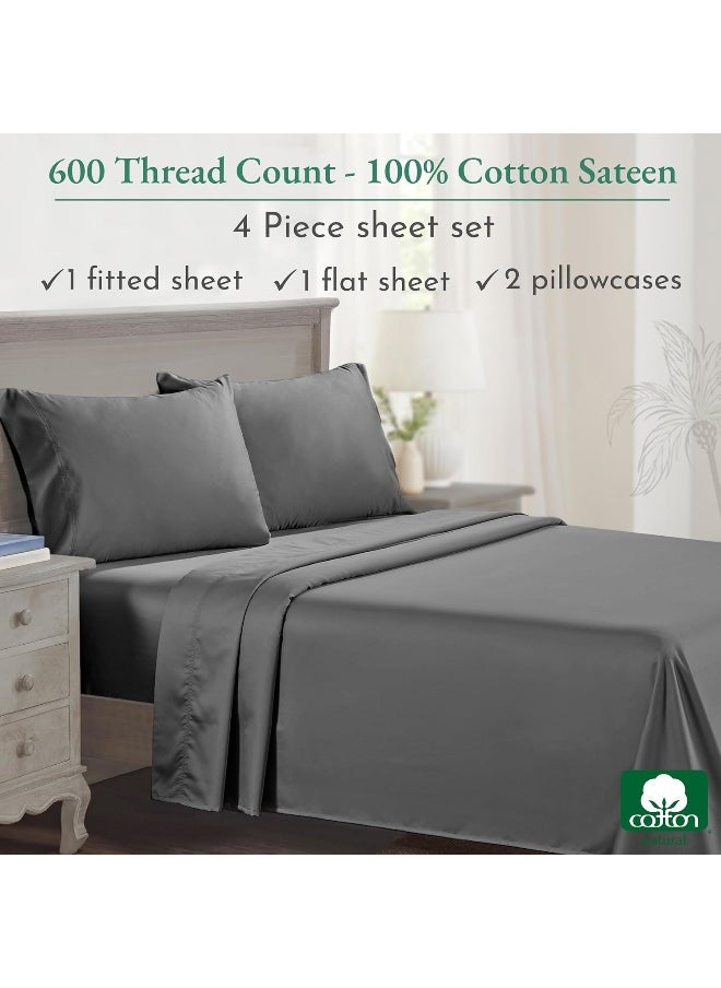 California Design Den - Hotel Luxury Sheets King Size 100% Cotton, 600 Thread Count Deep Pocket, Snug Fit, Soft & Crisp Cooling Hotel-Quality Bedsheets 4 Piece Set, Sateen Weave (King, Gray)