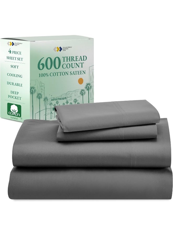 California Design Den - Hotel Luxury Sheets King Size 100% Cotton, 600 Thread Count Deep Pocket, Snug Fit, Soft & Crisp Cooling Hotel-Quality Bedsheets 4 Piece Set, Sateen Weave (King, Gray)