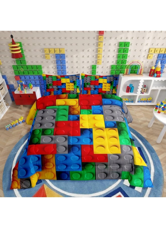 Colorful Toy Bedding Set 3D Building Blocks Pattern Comforter Set, Kids Educational Games Boys Toy Bricks Quilt Full Size Fun Brick Duvet Insert Gradient Watercolor Bedroom Decor, Red Yellow Blue Grey
