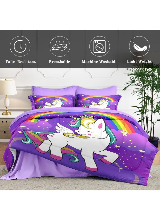WeCozy 7 Pcs Queen Size Comforter Set with 2 Pillowcases & 2 Shams, Cute Unicorn Purple Space Bedding Set for Kids and Adults, Animal Rainbow Horse Bed in a Bag with Flat Sheet and Fitted Sheet