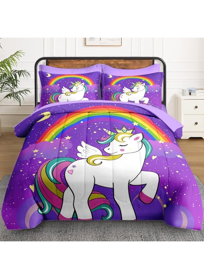 WeCozy 7 Pcs Queen Size Comforter Set with 2 Pillowcases & 2 Shams, Cute Unicorn Purple Space Bedding Set for Kids and Adults, Animal Rainbow Horse Bed in a Bag with Flat Sheet and Fitted Sheet