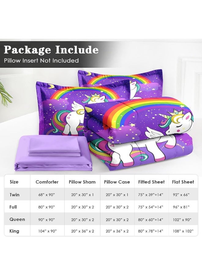 WeCozy 7 Pcs Queen Size Comforter Set with 2 Pillowcases & 2 Shams, Cute Unicorn Purple Space Bedding Set for Kids and Adults, Animal Rainbow Horse Bed in a Bag with Flat Sheet and Fitted Sheet