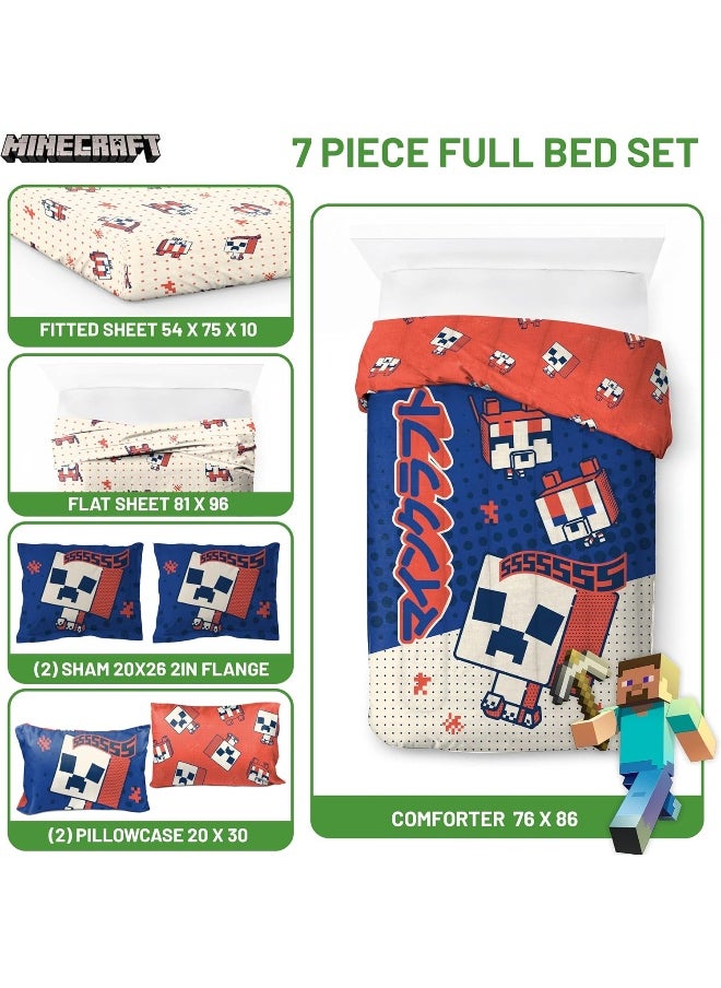 Minecraft Creeper Full Size Comforter Set - 7 Piece Bedding Includes Sheet Set & Pillow Covers - Super Soft Red & Blue Oishi Market Kids Bedding