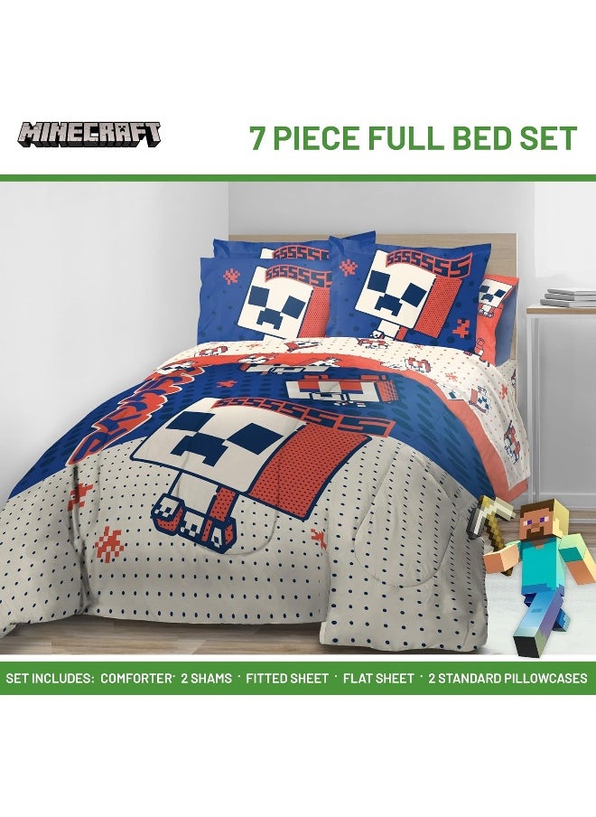 Minecraft Creeper Full Size Comforter Set - 7 Piece Bedding Includes Sheet Set & Pillow Covers - Super Soft Red & Blue Oishi Market Kids Bedding