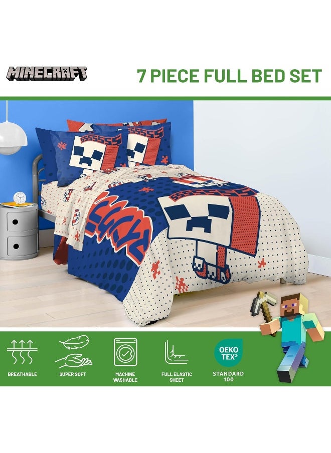 Minecraft Creeper Full Size Comforter Set - 7 Piece Bedding Includes Sheet Set & Pillow Covers - Super Soft Red & Blue Oishi Market Kids Bedding