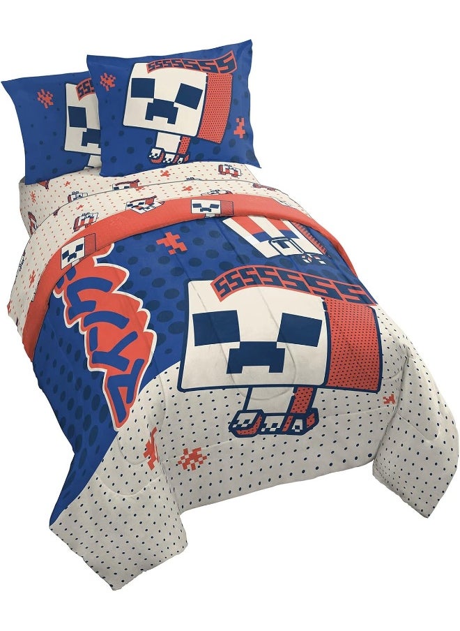 Minecraft Creeper Full Size Comforter Set - 7 Piece Bedding Includes Sheet Set & Pillow Covers - Super Soft Red & Blue Oishi Market Kids Bedding