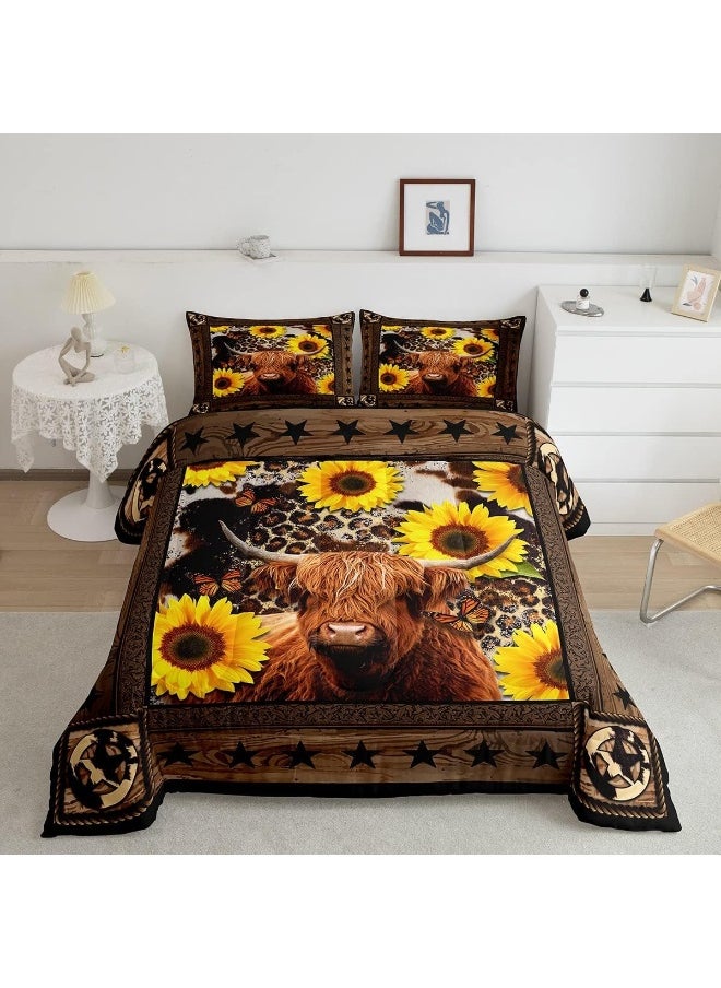 Highland Cow Sunflowers Comforter Set Full Size Christmas Decor for Boys Girls Abstract Leopard Cowhide Comforter Rustic Wood Plank Bedding Set Star Wood Plank Colorful Duvet Insert 2 Pillow Shams