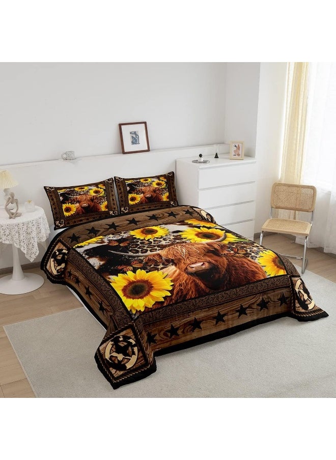 Highland Cow Sunflowers Comforter Set Full Size Christmas Decor for Boys Girls Abstract Leopard Cowhide Comforter Rustic Wood Plank Bedding Set Star Wood Plank Colorful Duvet Insert 2 Pillow Shams
