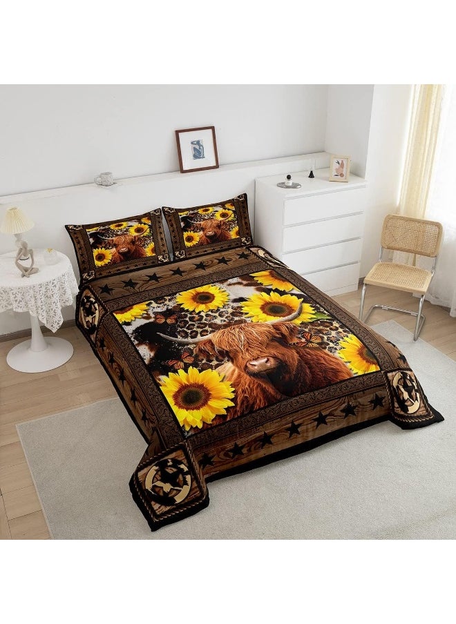 Highland Cow Sunflowers Comforter Set Full Size Christmas Decor for Boys Girls Abstract Leopard Cowhide Comforter Rustic Wood Plank Bedding Set Star Wood Plank Colorful Duvet Insert 2 Pillow Shams