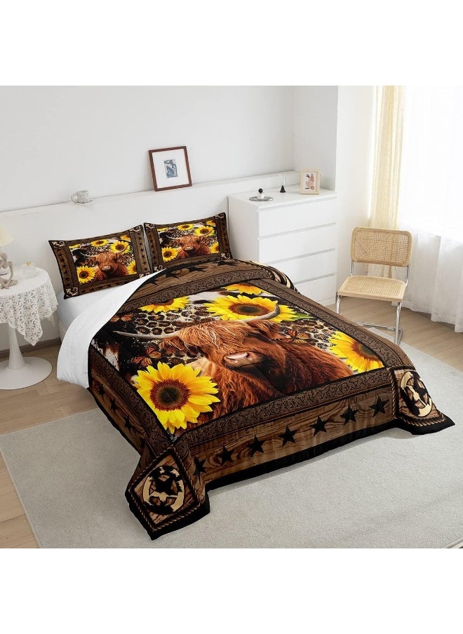Highland Cow Sunflowers Comforter Set Full Size Christmas Decor for Boys Girls Abstract Leopard Cowhide Comforter Rustic Wood Plank Bedding Set Star Wood Plank Colorful Duvet Insert 2 Pillow Shams