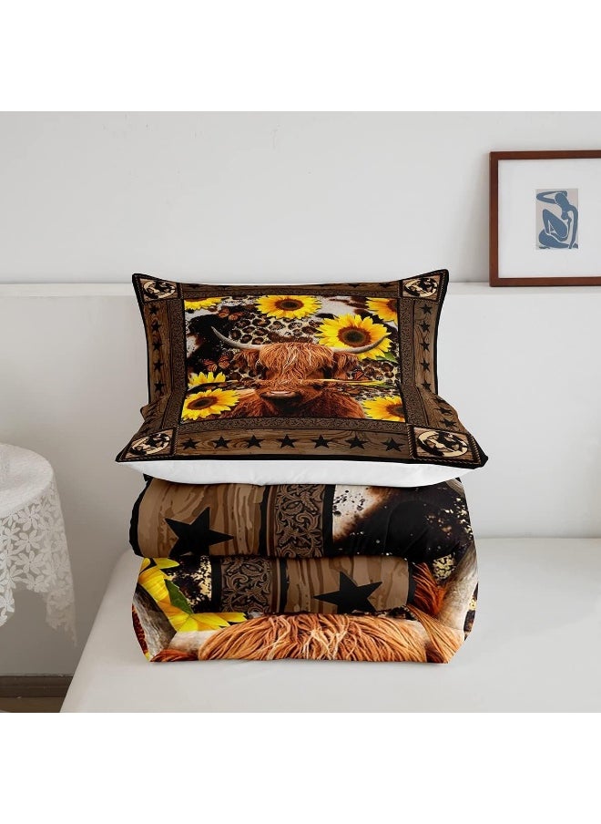 Highland Cow Sunflowers Comforter Set Full Size Christmas Decor for Boys Girls Abstract Leopard Cowhide Comforter Rustic Wood Plank Bedding Set Star Wood Plank Colorful Duvet Insert 2 Pillow Shams