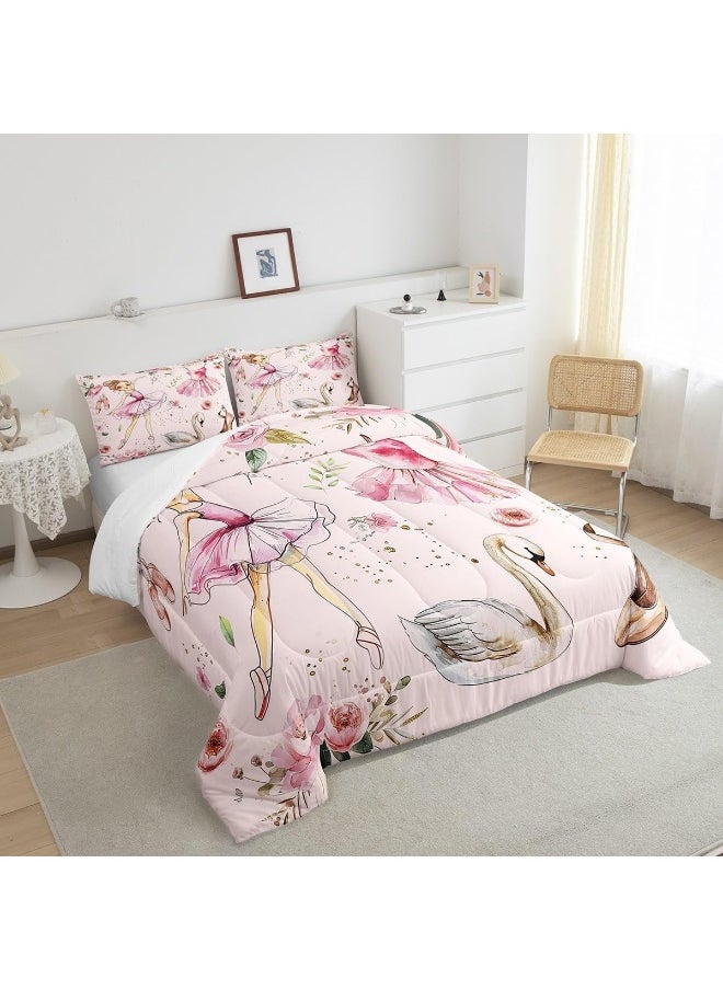Manfei Ballet Dance Girl Pink Comforter Set for Boys Girls, Fantasy Dancing Dress Shoes All Season Cozy Bedding Set Full Size, Dreamy Swan Watercolor Flowers Duvet Set Bedroom Decor