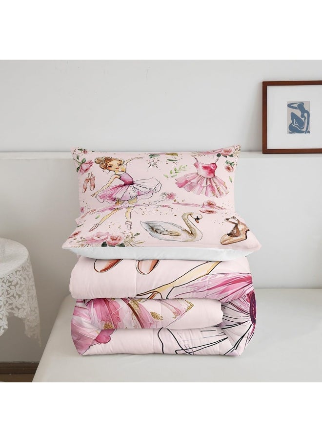 Manfei Ballet Dance Girl Pink Comforter Set for Boys Girls, Fantasy Dancing Dress Shoes All Season Cozy Bedding Set Full Size, Dreamy Swan Watercolor Flowers Duvet Set Bedroom Decor