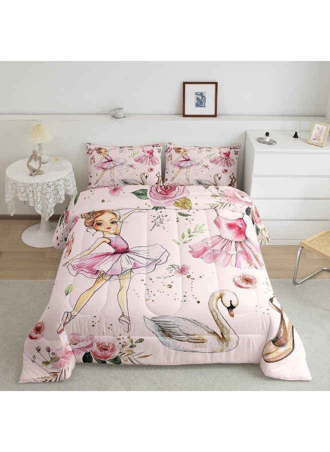 Manfei Ballet Dance Girl Pink Comforter Set for Boys Girls, Fantasy Dancing Dress Shoes All Season Cozy Bedding Set Full Size, Dreamy Swan Watercolor Flowers Duvet Set Bedroom Decor