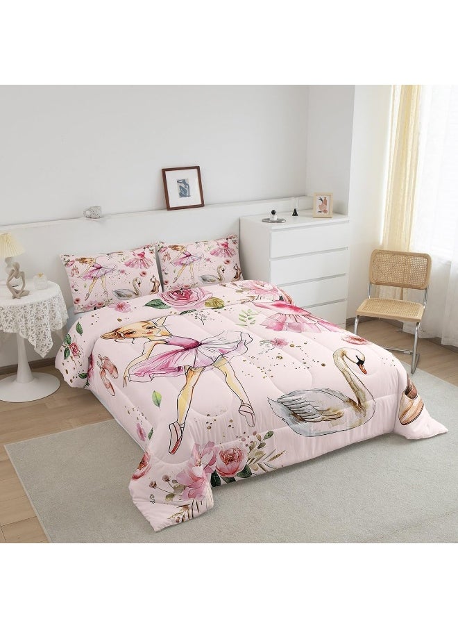 Manfei Ballet Dance Girl Pink Comforter Set for Boys Girls, Fantasy Dancing Dress Shoes All Season Cozy Bedding Set Full Size, Dreamy Swan Watercolor Flowers Duvet Set Bedroom Decor