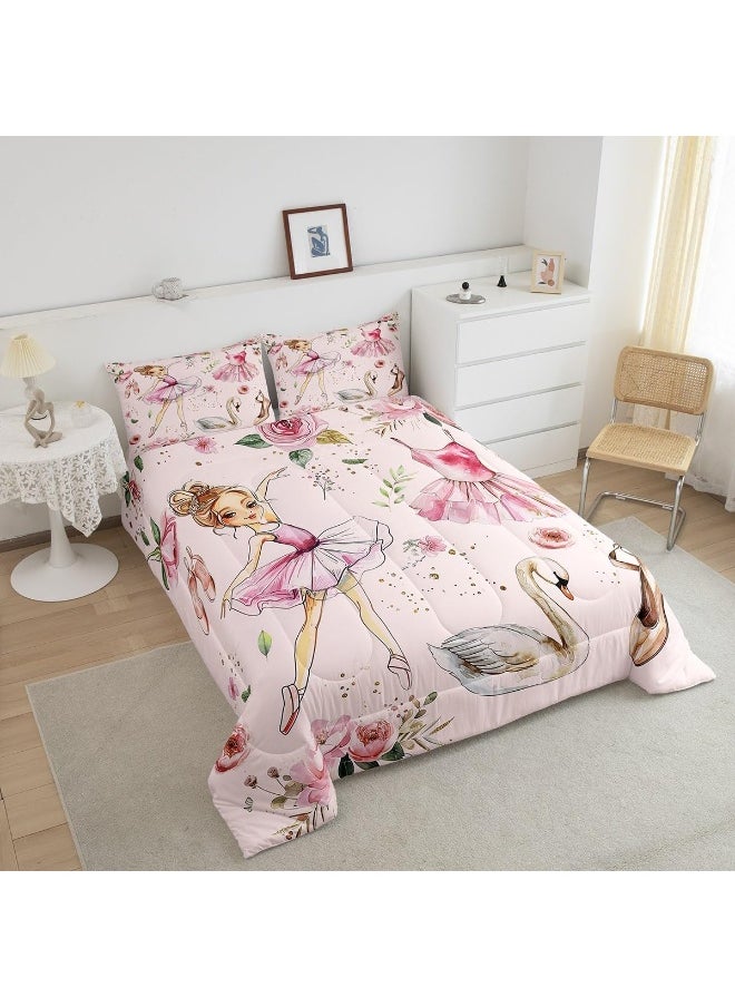 Manfei Ballet Dance Girl Pink Comforter Set for Boys Girls, Fantasy Dancing Dress Shoes All Season Cozy Bedding Set Full Size, Dreamy Swan Watercolor Flowers Duvet Set Bedroom Decor