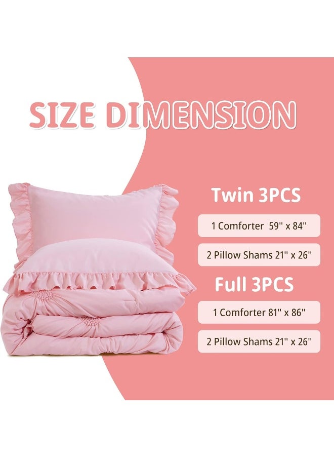 ROYALAY Pink Bedding Kids Comforter Sets for Girls Ruffle Bedding Set Full/Queen Size with 2 Pillow Shams