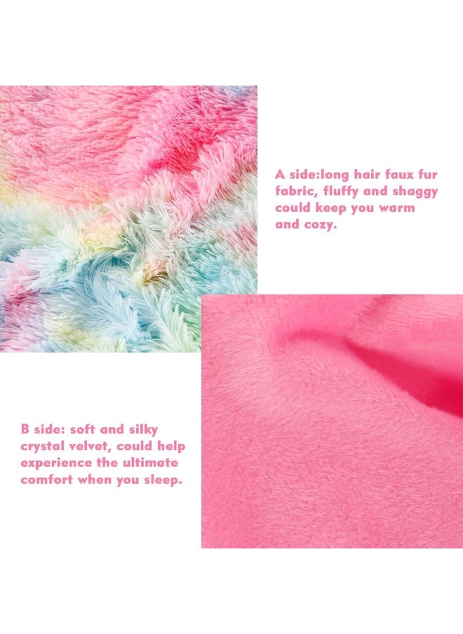 PERFEMET 3 Pcs Faux Fur Pink Comforter Set Queen Fluffy Shaggy Tie Dye Bedding Set for Girls Colorful Rainbow Ultra Soft Plush Velvet Furry Bedding Quilt Set(Pink, Queen)