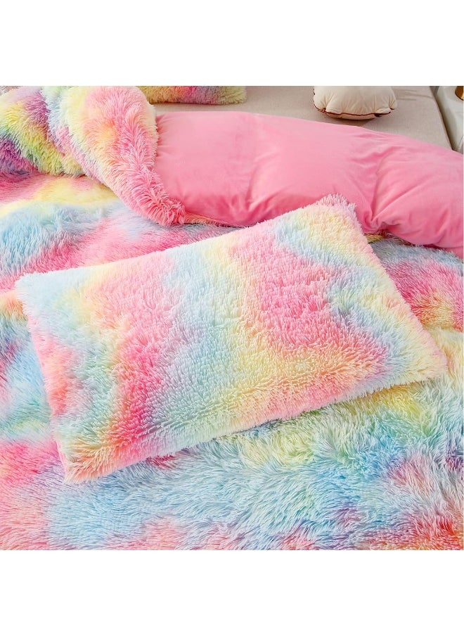 PERFEMET 3 Pcs Faux Fur Pink Comforter Set Queen Fluffy Shaggy Tie Dye Bedding Set for Girls Colorful Rainbow Ultra Soft Plush Velvet Furry Bedding Quilt Set(Pink, Queen)